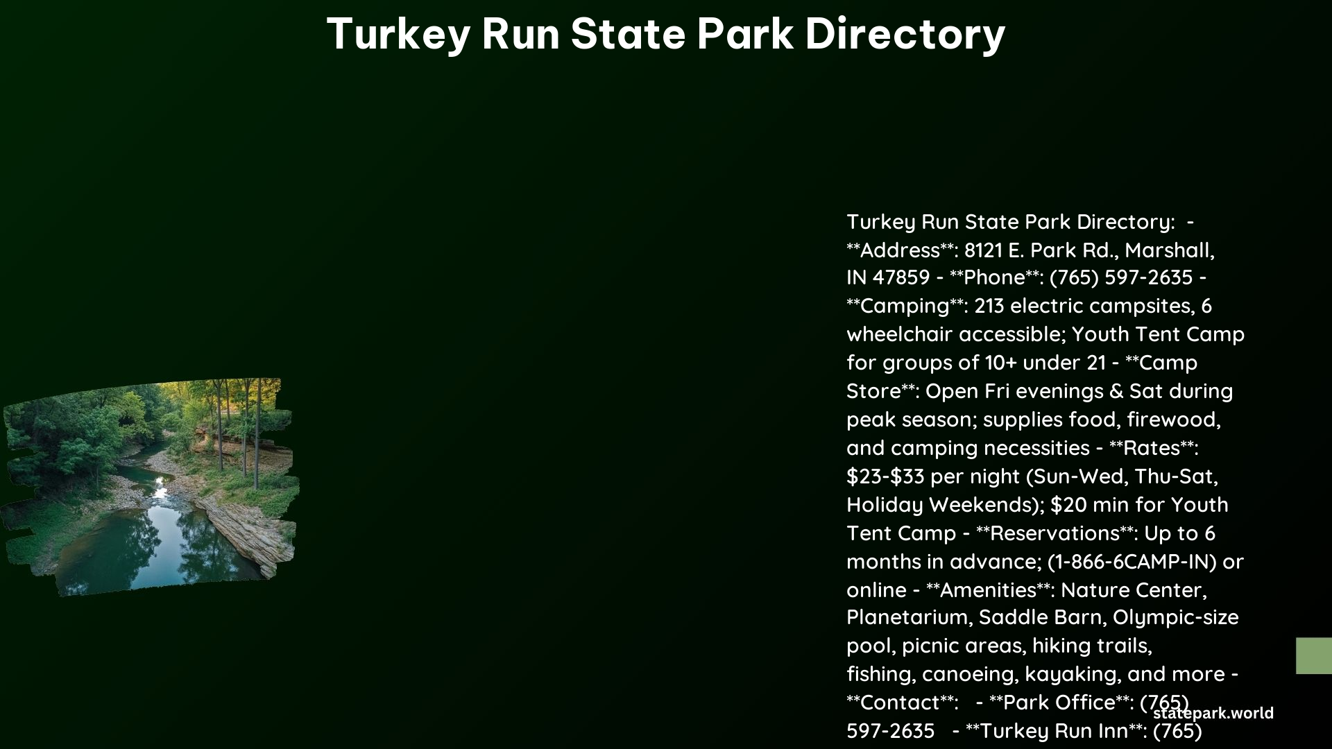 Turkey Run State Park Directory